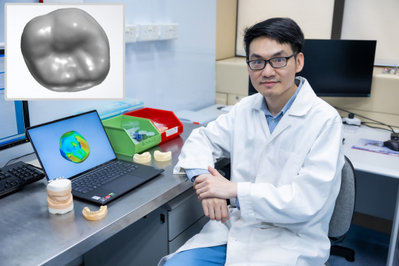 Project co-investigator Dr Hao Ding and the design of a tooth crown using generative AI. (small photo) tooth tailored by generative AI 